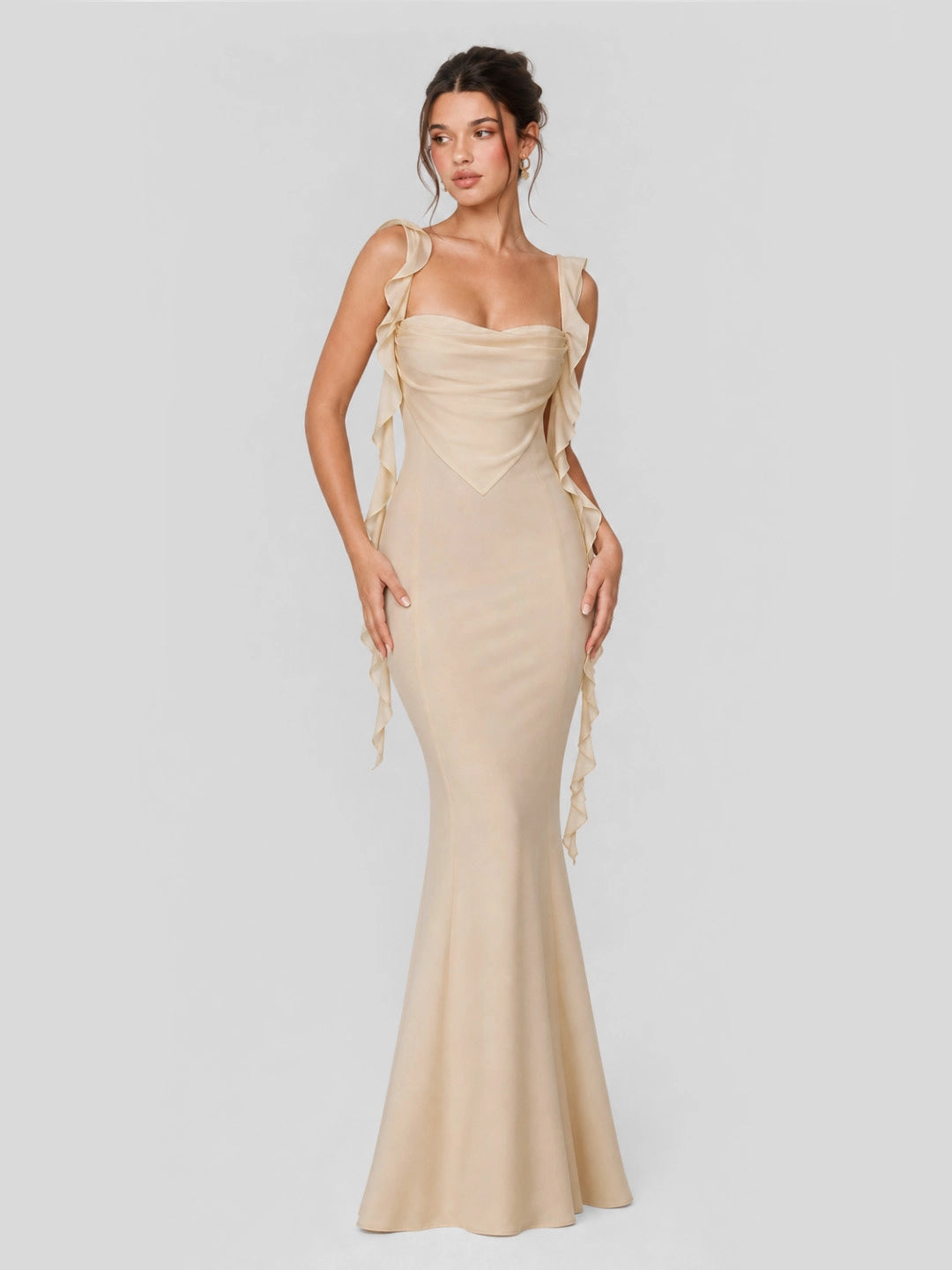 Ruffle Straps & Open Back Satin Maxi Dress