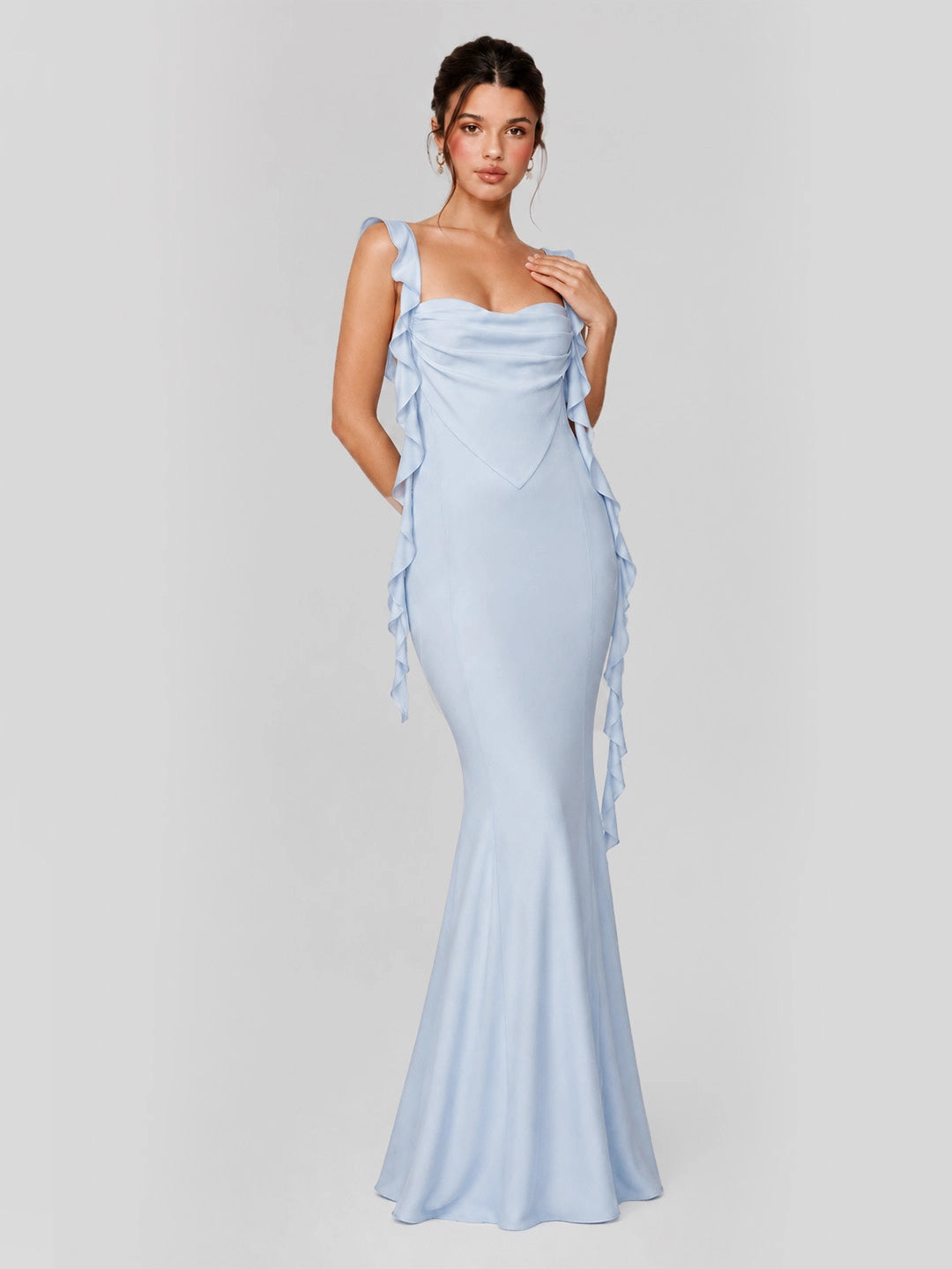 Ruffle Straps & Open Back Satin Maxi Dress
