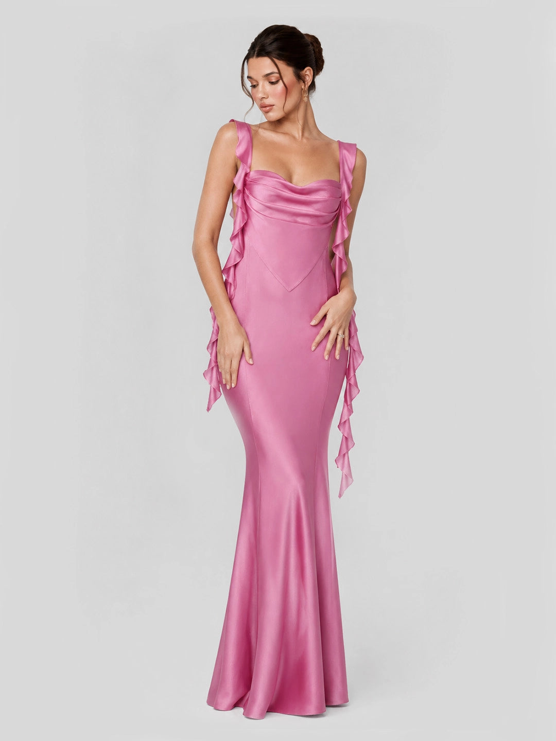 Ruffle Straps & Open Back Satin Maxi Dress