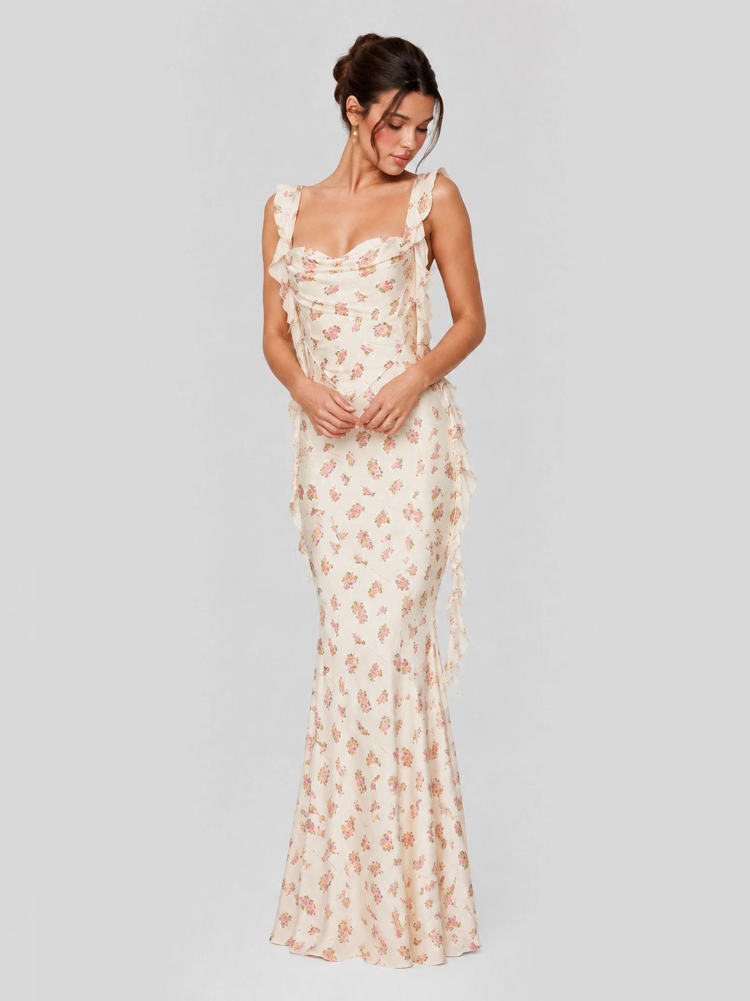 Ruffle Straps & Open Back Satin Maxi Dress