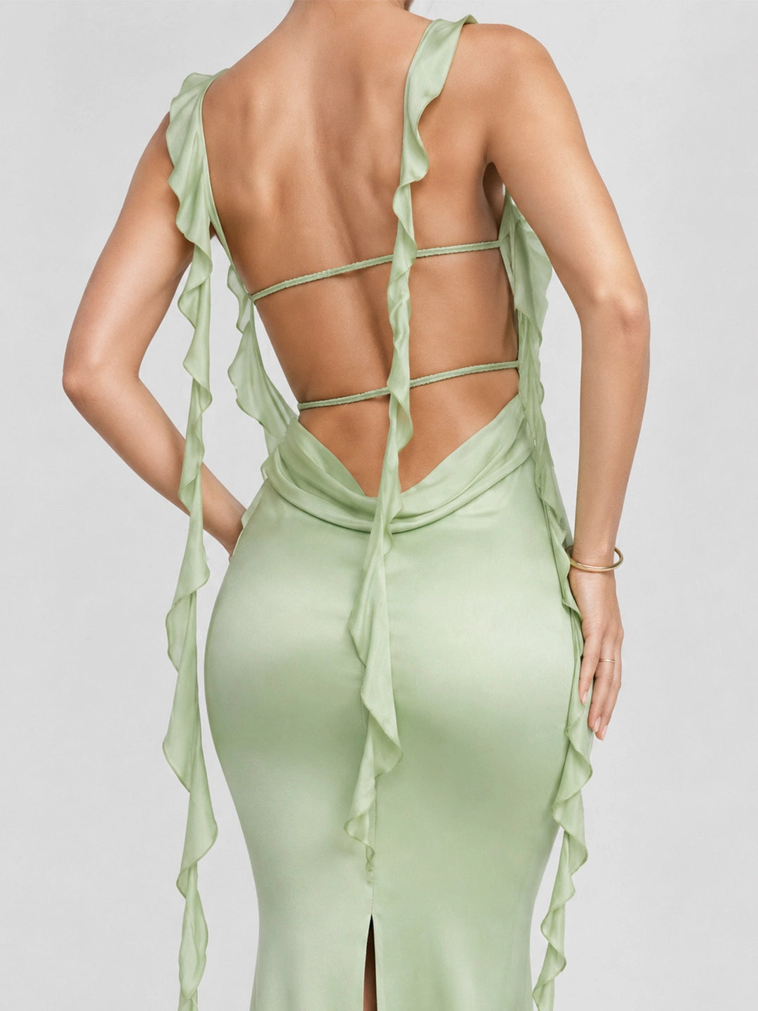 Ruffle Straps & Open Back Satin Maxi Dress