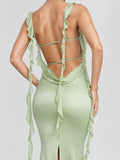 Ruffle Straps & Open Back Satin Maxi Dress