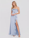 Ruffled Strapless Maxi Dress with High Slit