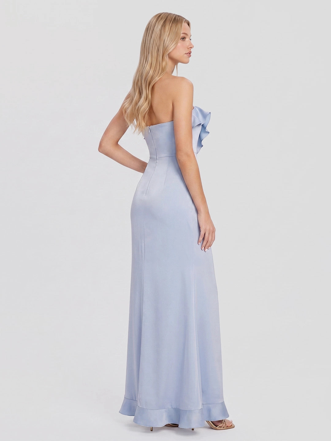 Ruffled Strapless Maxi Dress with High Slit