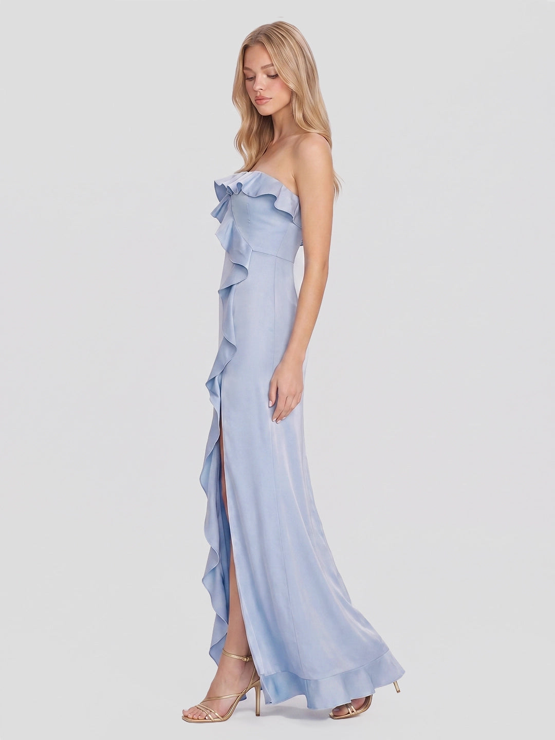 Ruffled Strapless Maxi Dress with High Slit