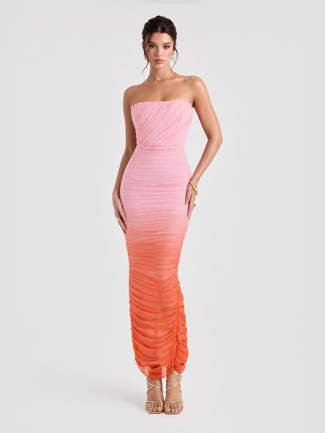 Sapphire Pink & Orange Ombre Ruched Maxi Dress