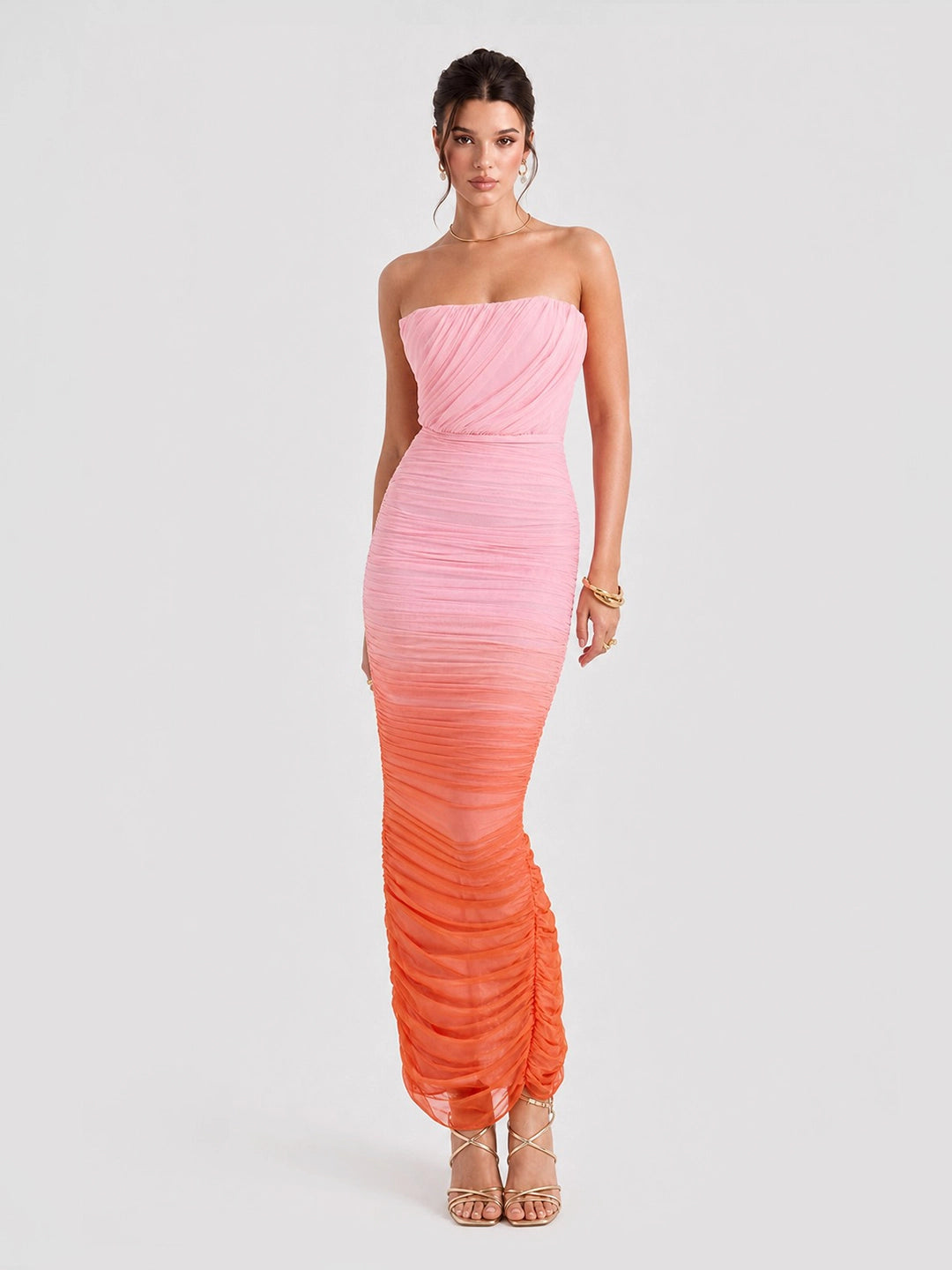 Sapphire Pink & Orange Ombre Ruched Maxi Dress
