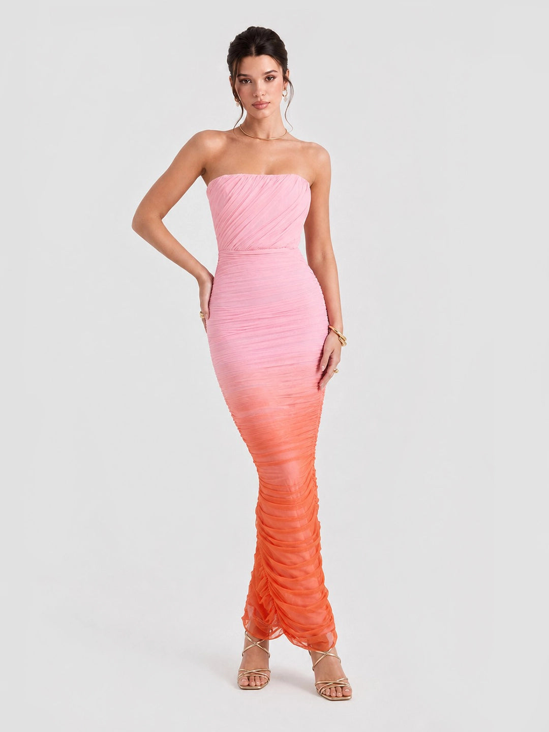 Sapphire Pink & Orange Ombre Ruched Maxi Dress