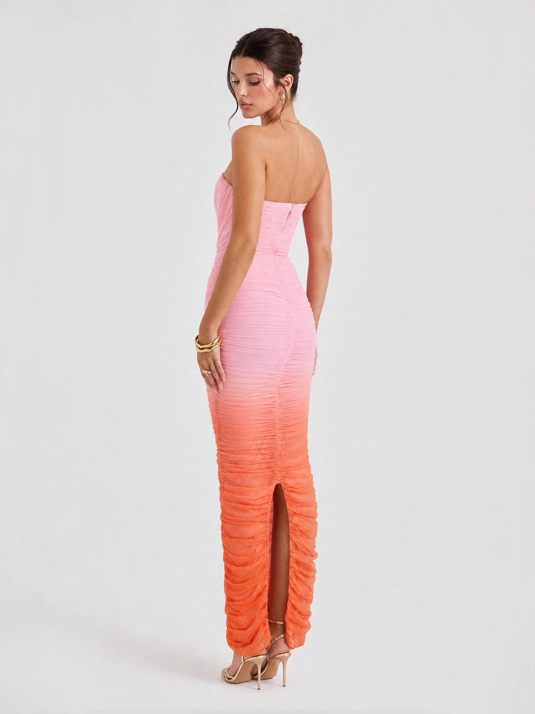 Sapphire Pink & Orange Ombre Ruched Maxi Dress