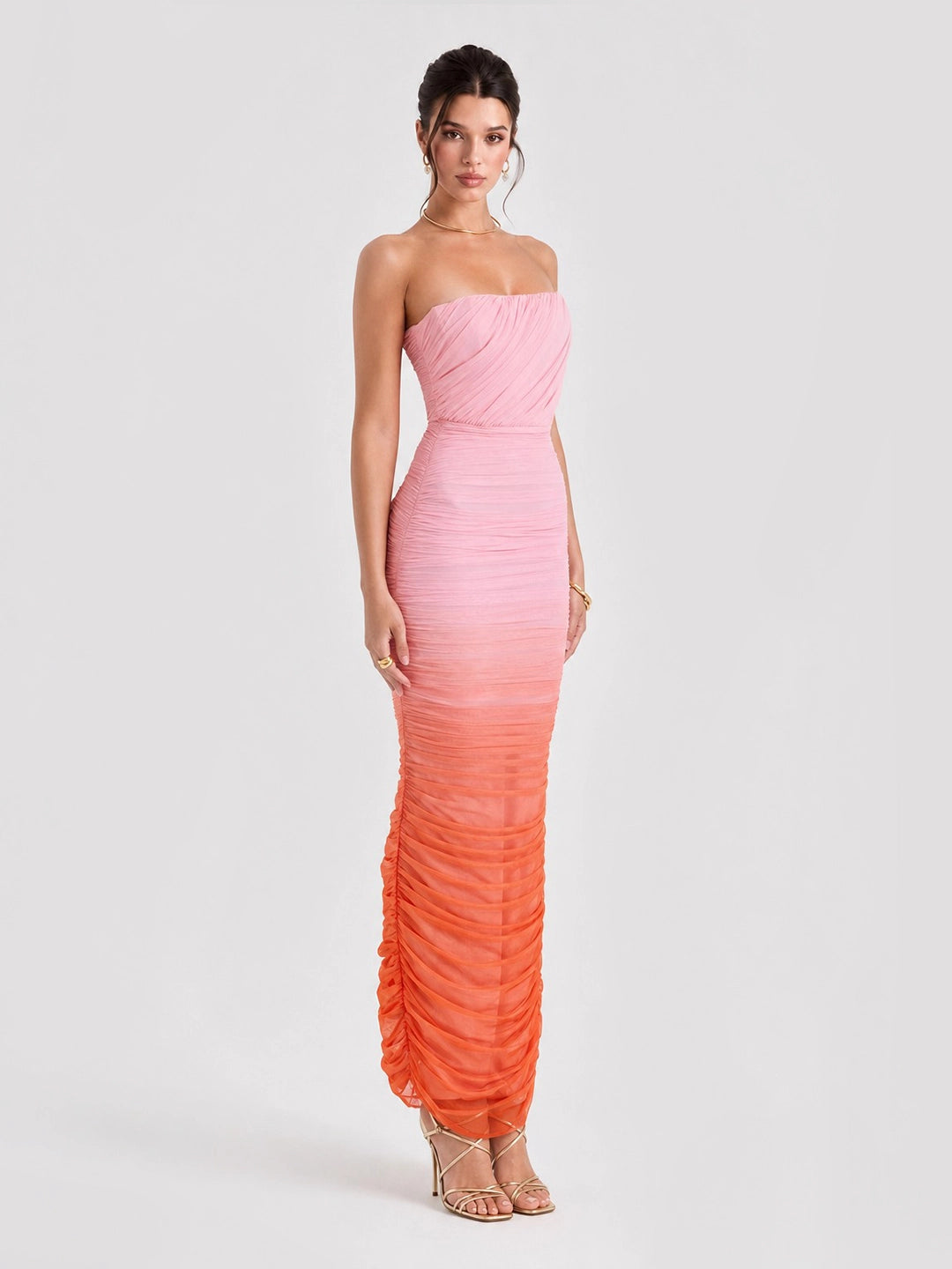 Sapphire Pink & Orange Ombre Ruched Maxi Dress