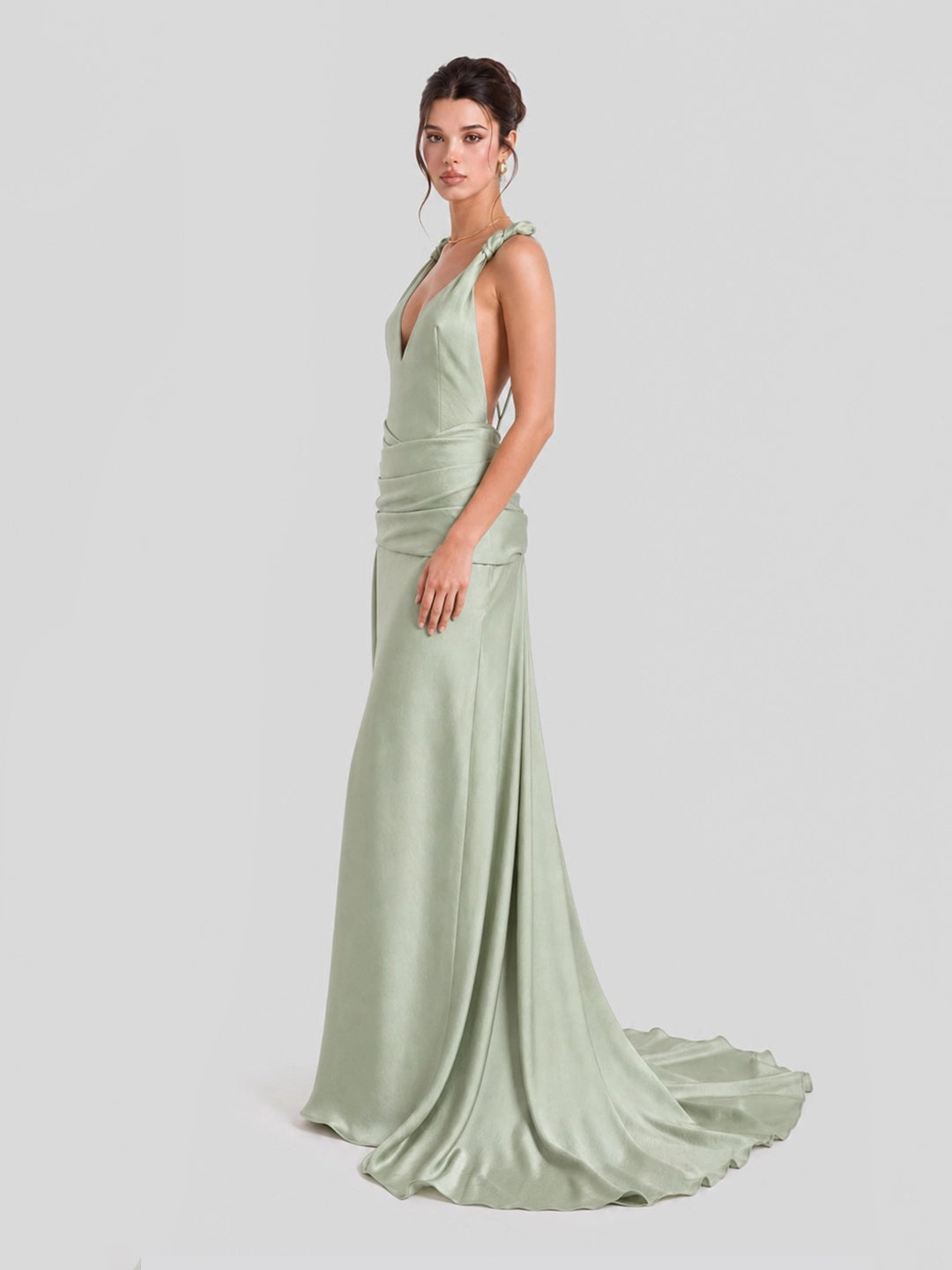 Satin Deep V-Neck Open Back Maxi Gown
