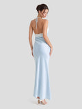 Satin Lace Trim Halter Maxi Dress