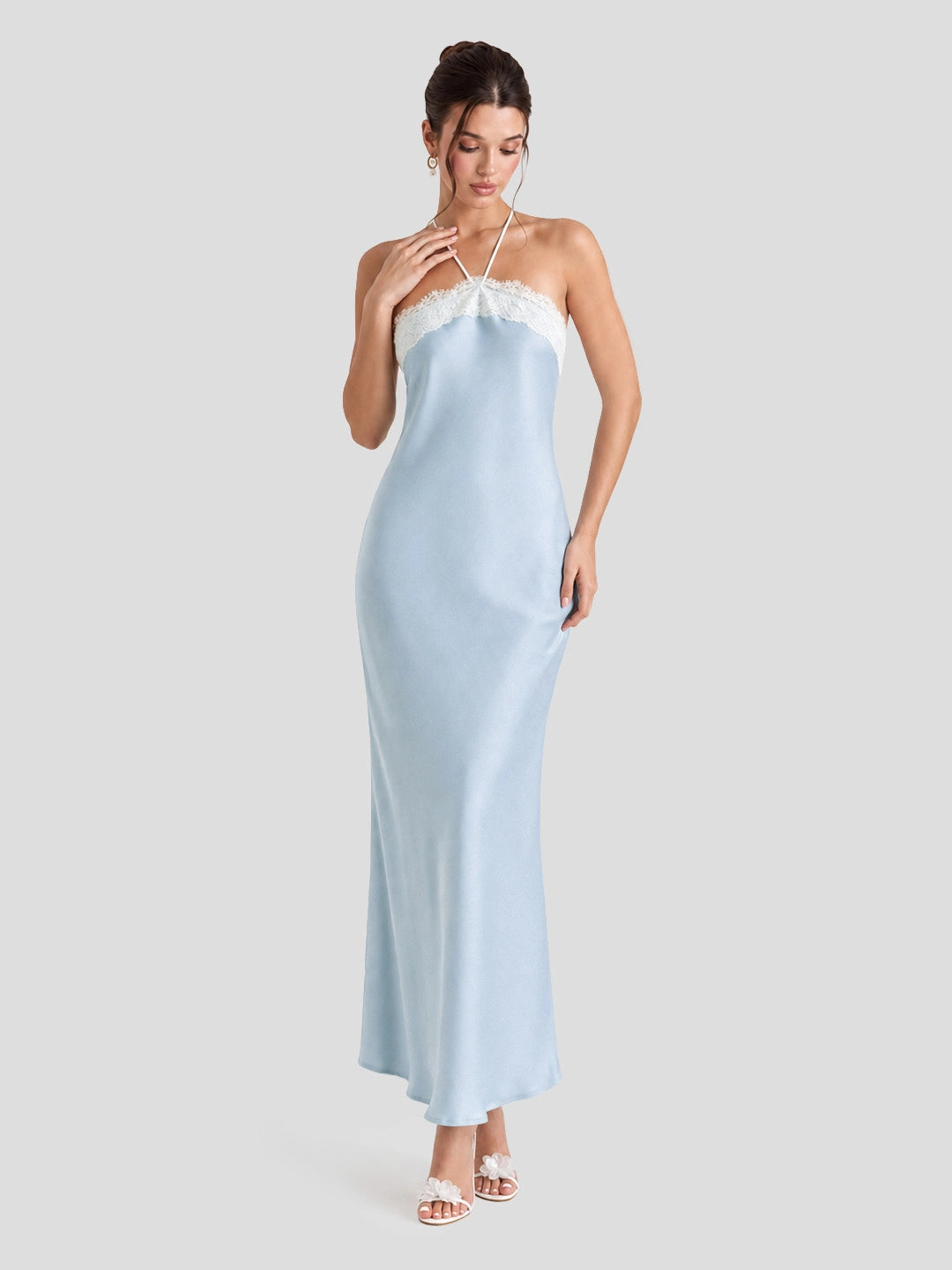 Satin Lace Trim Halter Maxi Dress