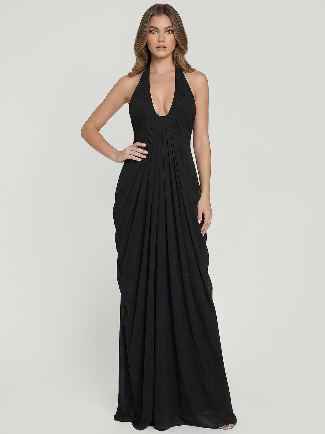 Sculpted Cascade Draped Stretchy Halter Gown