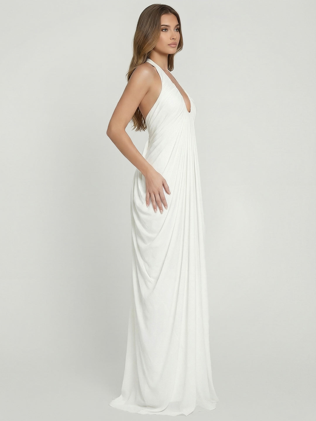 Sculpted Cascade Draped Stretchy Halter Gown