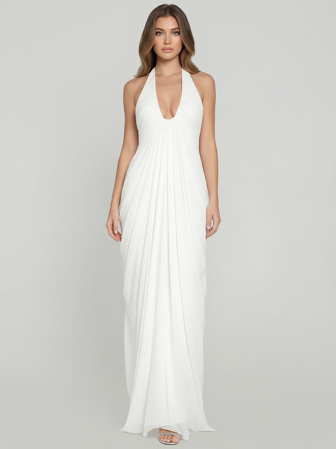 Sculpted Cascade Draped Stretchy Halter Gown
