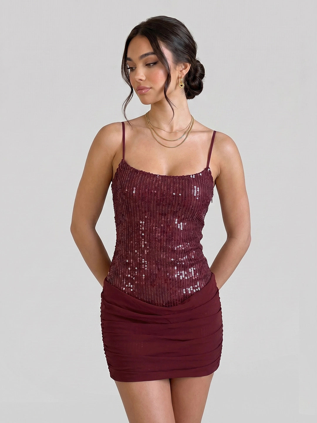 Corset-Back Sequin Mini with Draped Skirt