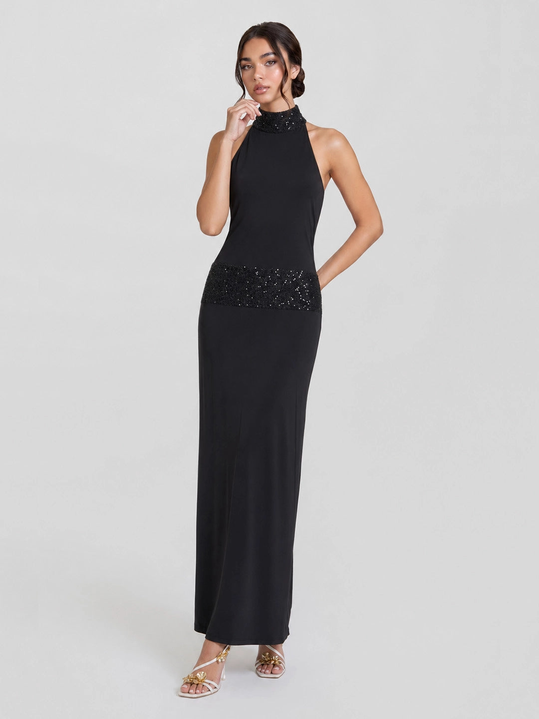 Sequin Embellished Halterneck Maxi Dress