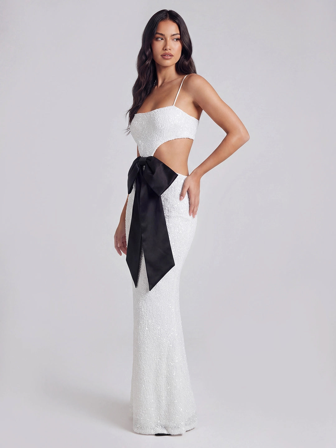 Side Cut-out Sequin Maxi Dress With Bow Detail