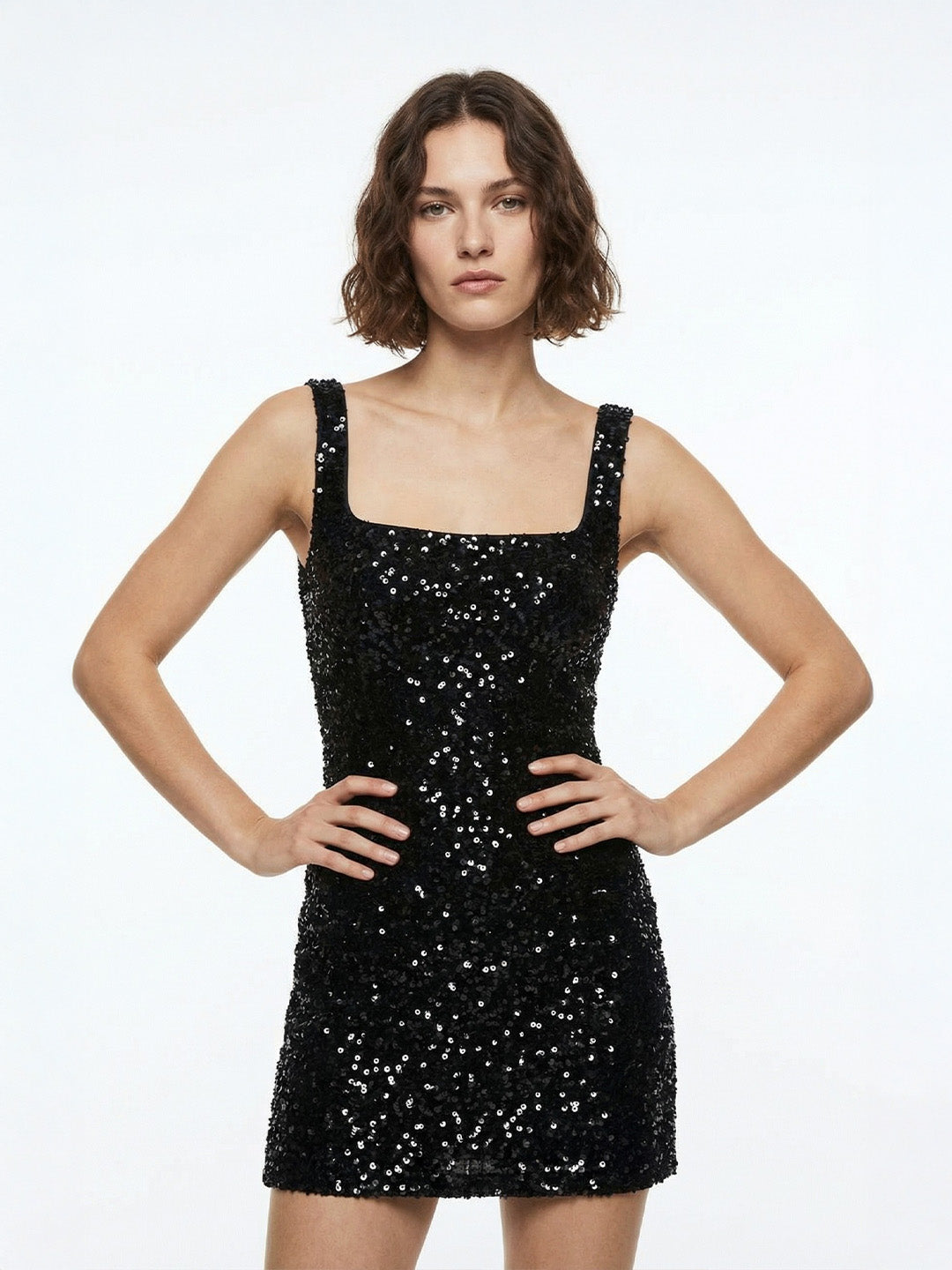Glittering Sleeveless Square-Neck Sequin Mini Dress
