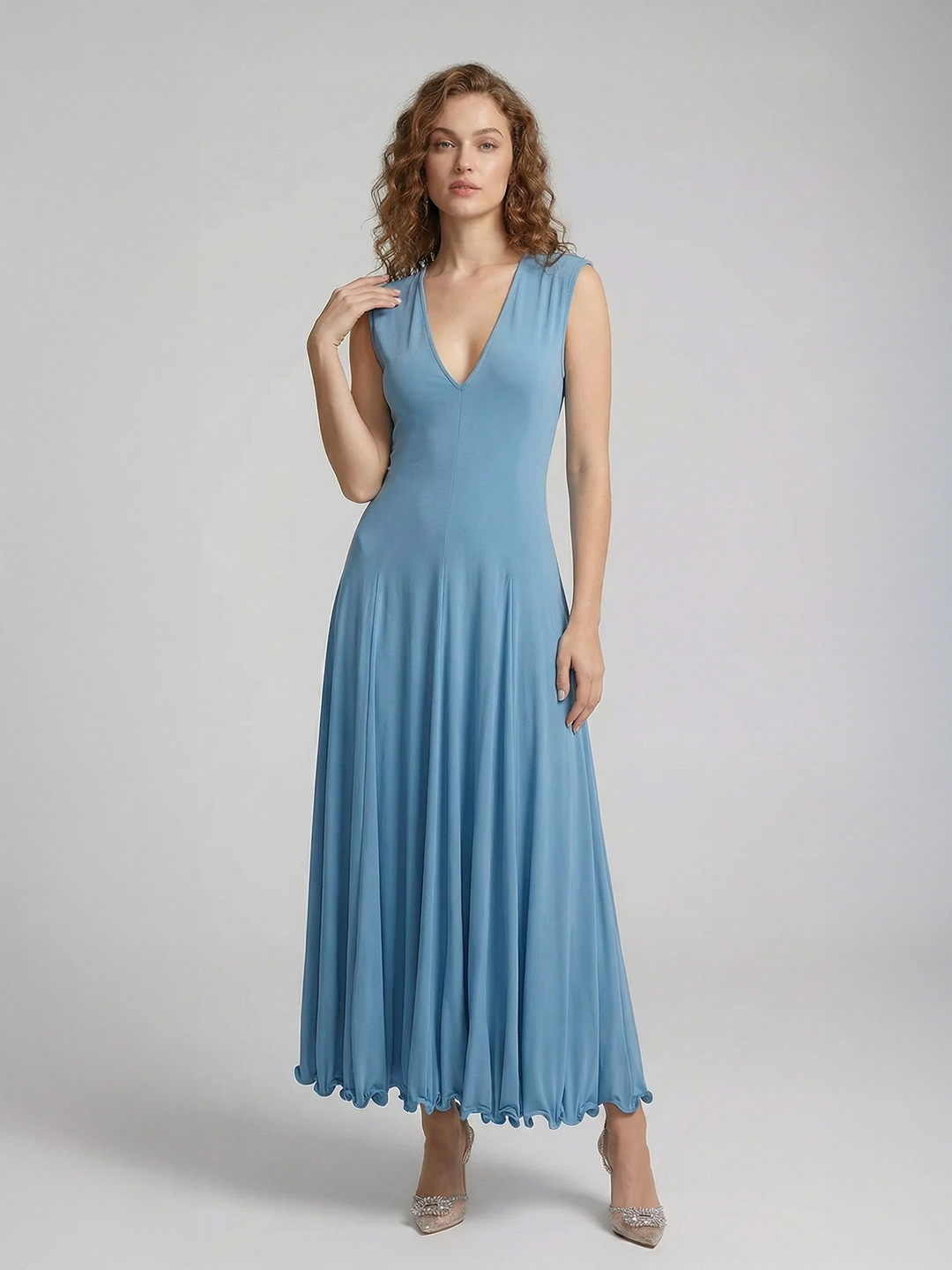Sleeveless Sheer Ruffled Maxi Dress