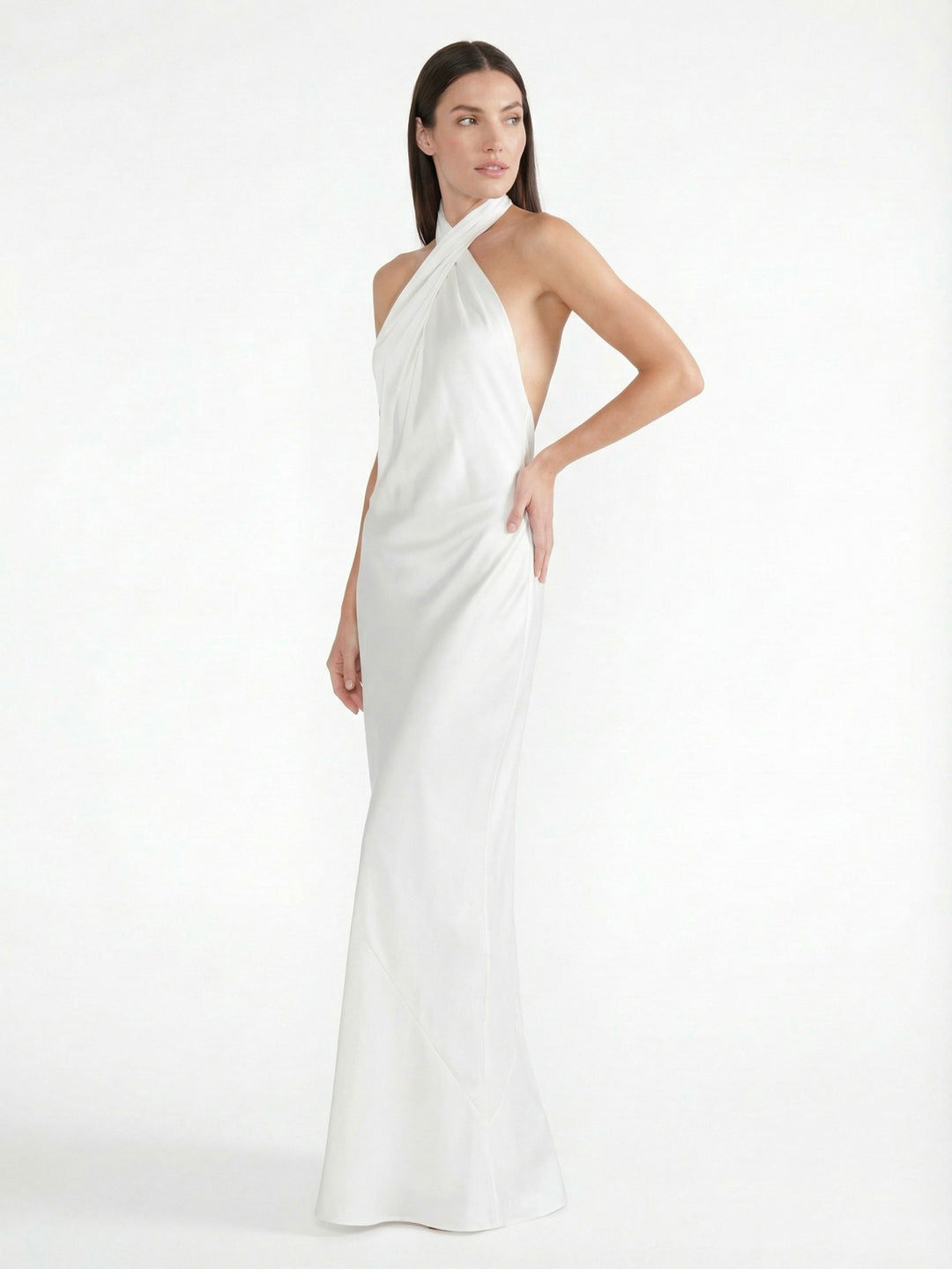 Sophisticated Cross-Back Halter Satin Maxi Dress