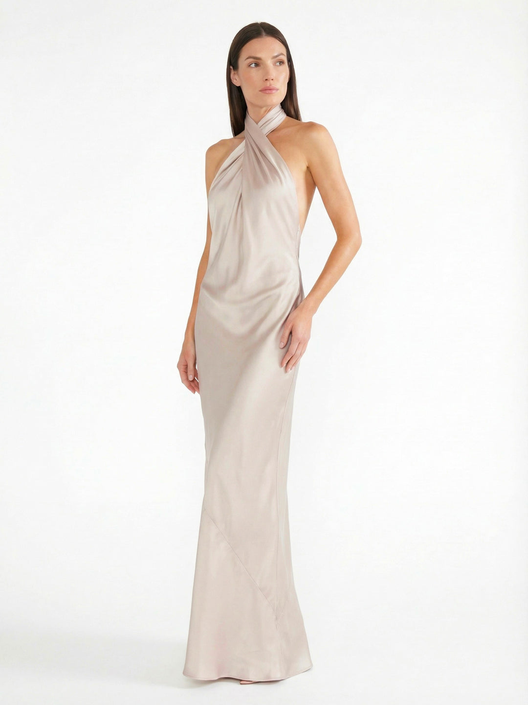 Sophisticated Cross-Back Halter Satin Maxi Dress