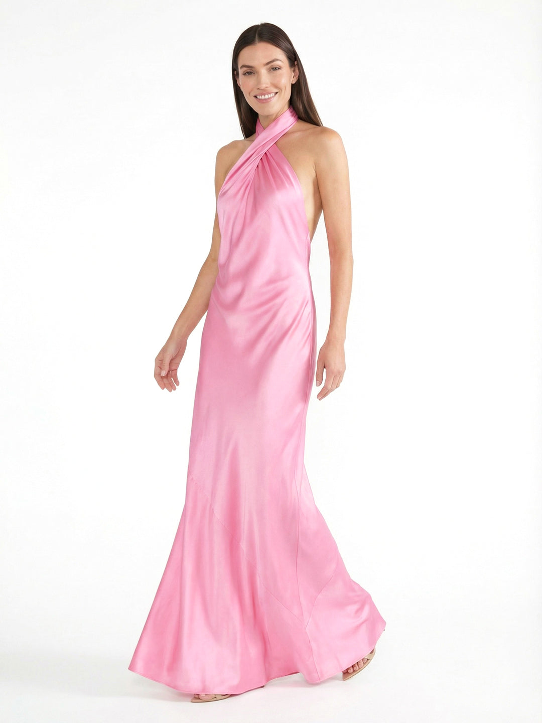 Sophisticated Cross-Back Halter Satin Maxi Dress