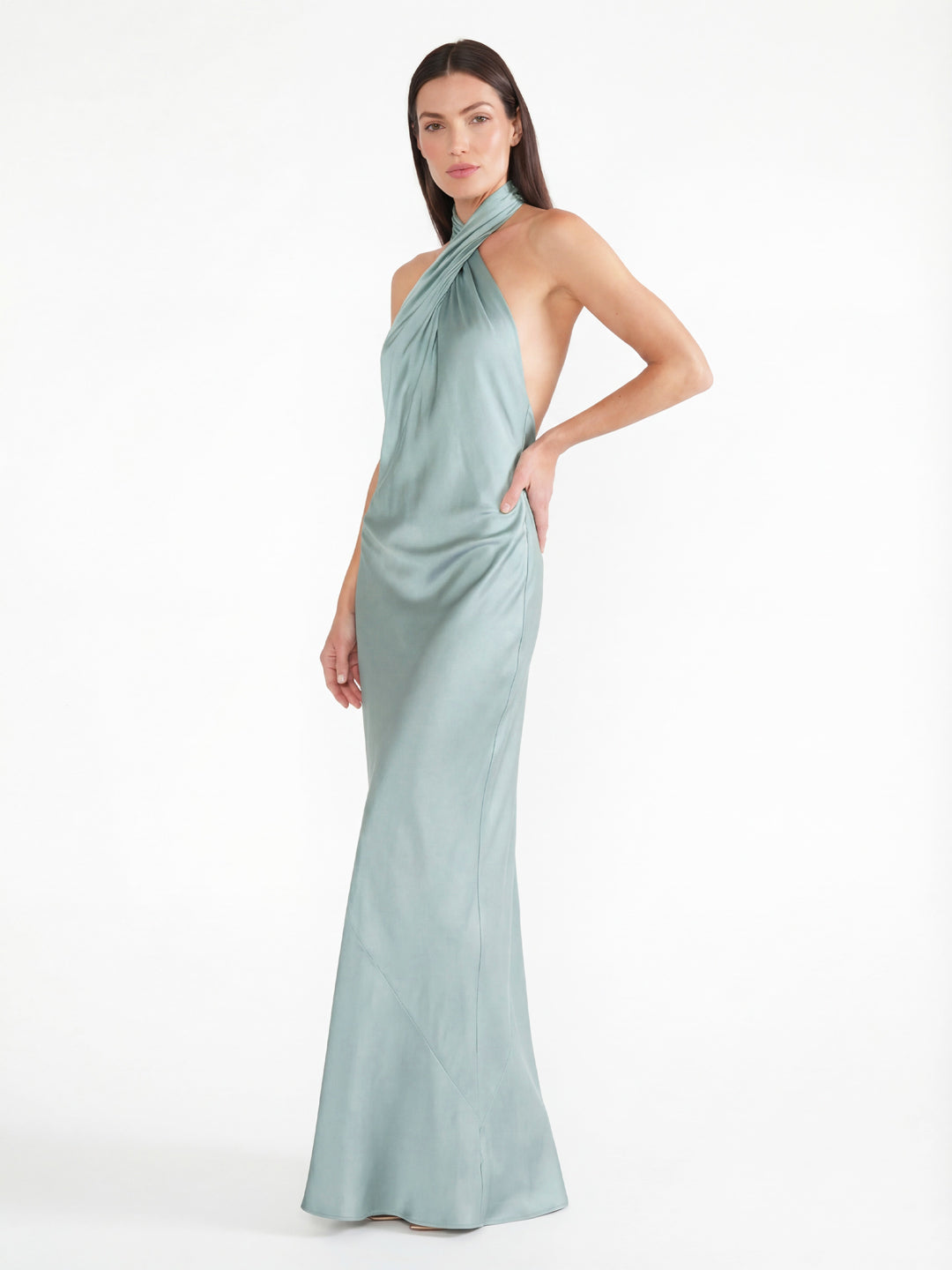 Sophisticated Cross-Back Halter Satin Maxi Dress