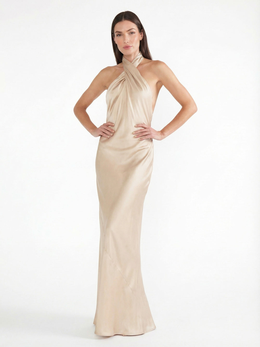 Sophisticated Cross-Back Halter Satin Maxi Dress