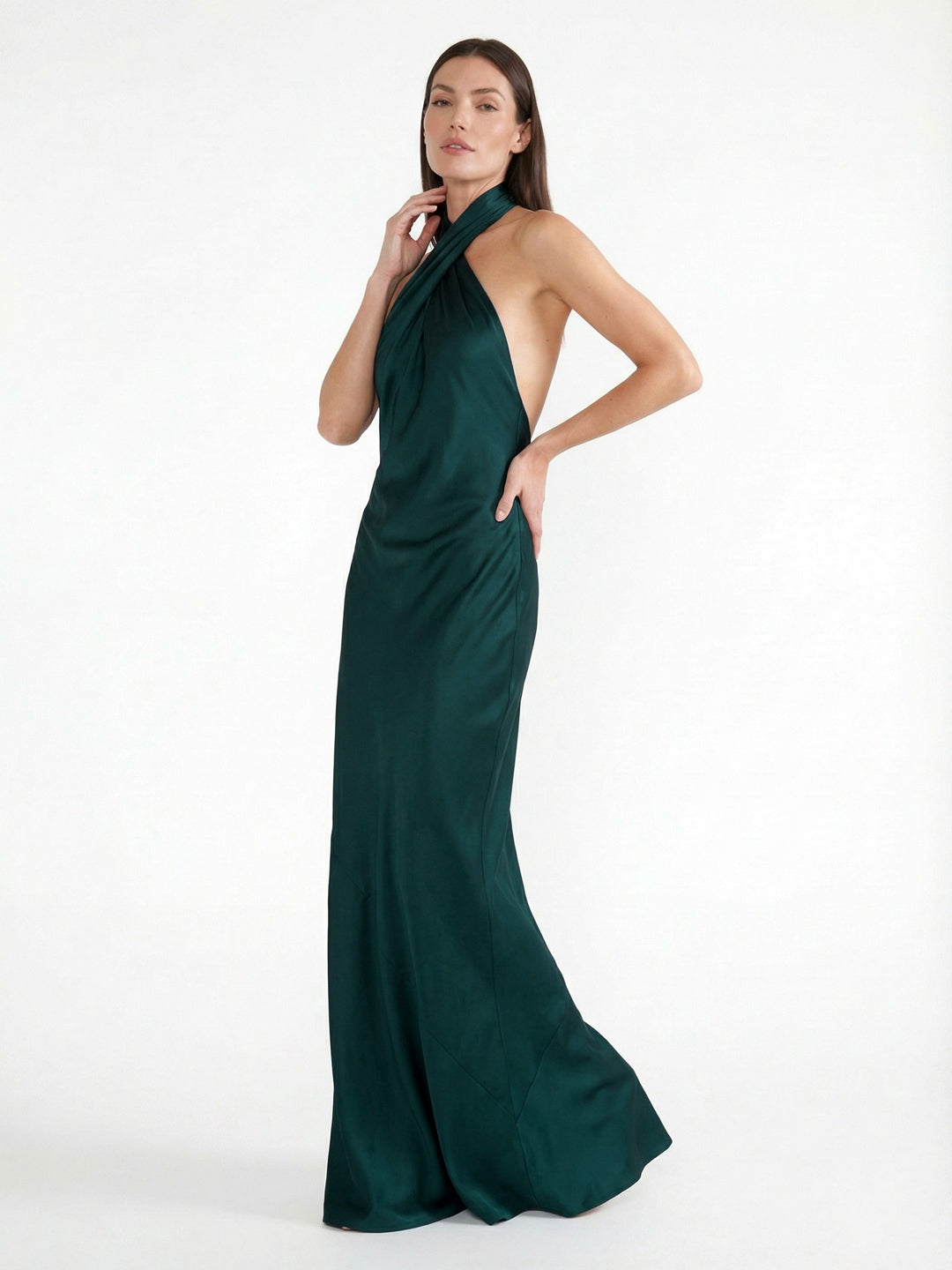 Sophisticated Cross-Back Halter Satin Maxi Dress