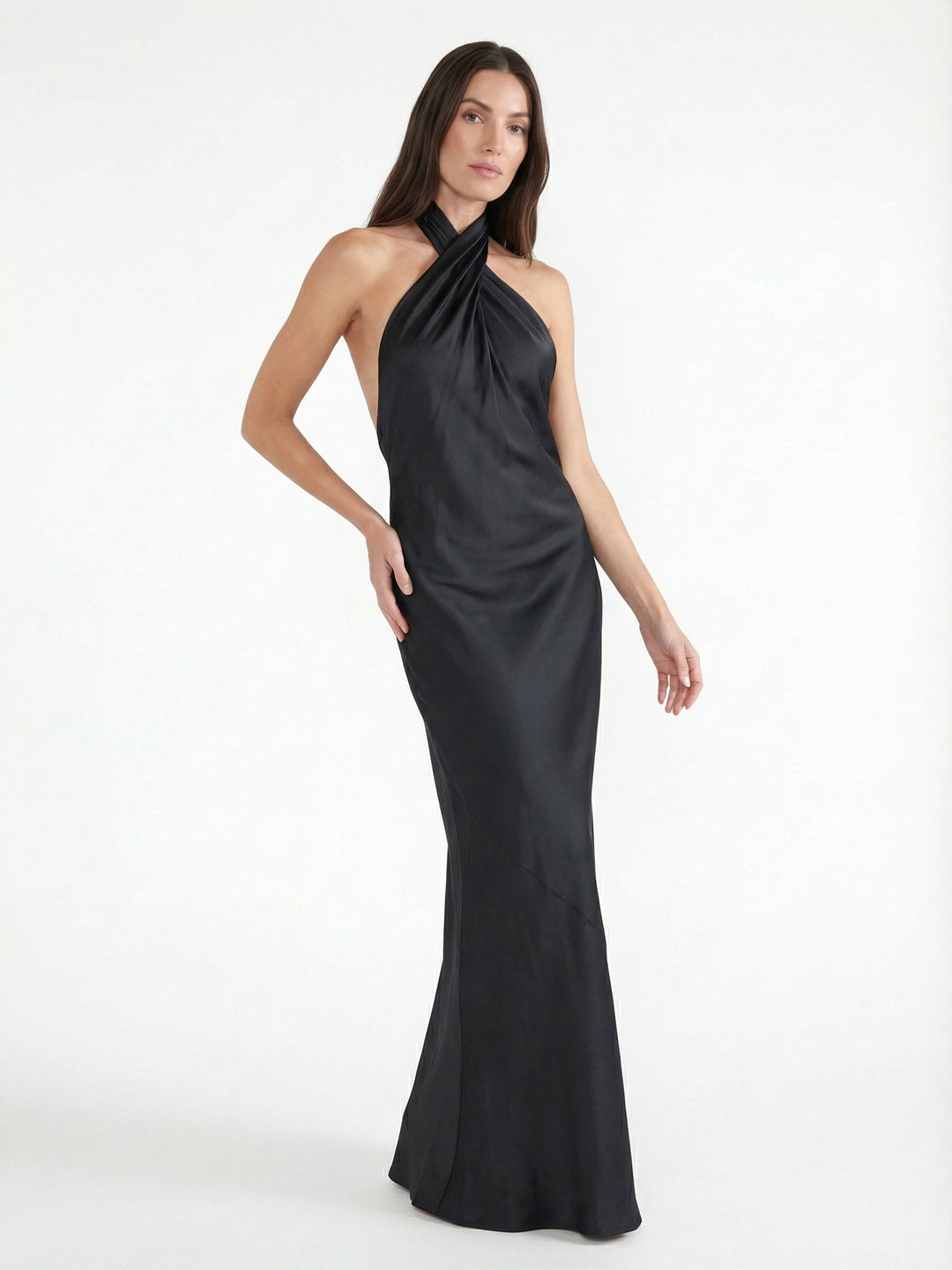Sophisticated Cross-Back Halter Satin Maxi Dress