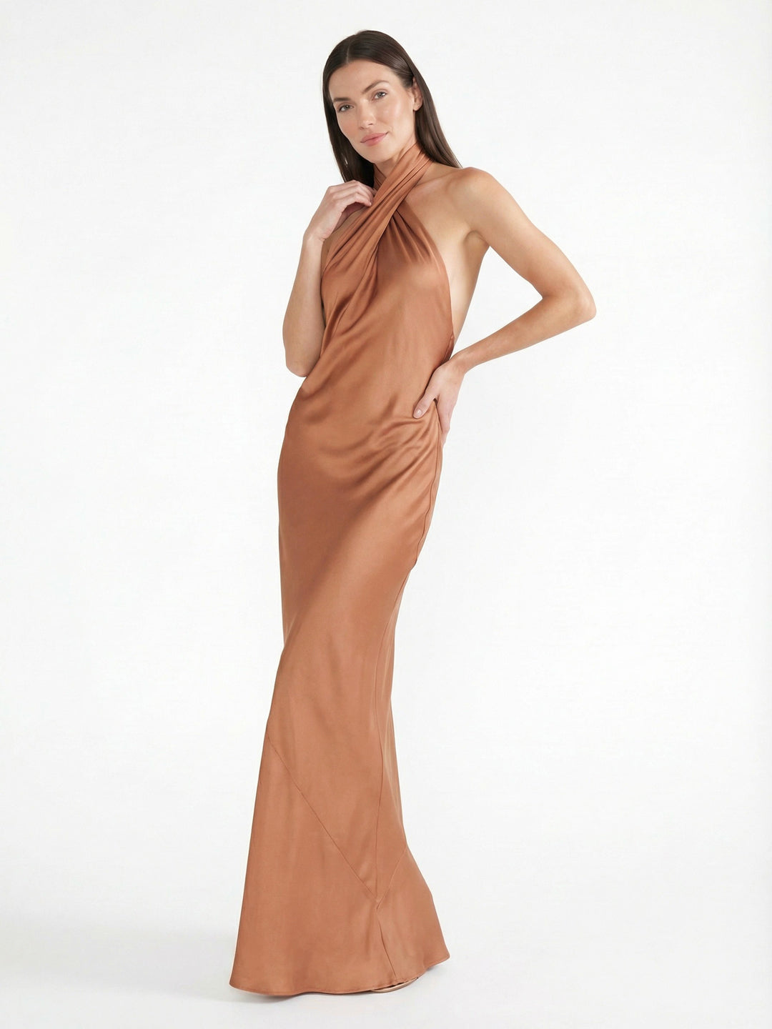 Sophisticated Cross-Back Halter Satin Maxi Dress