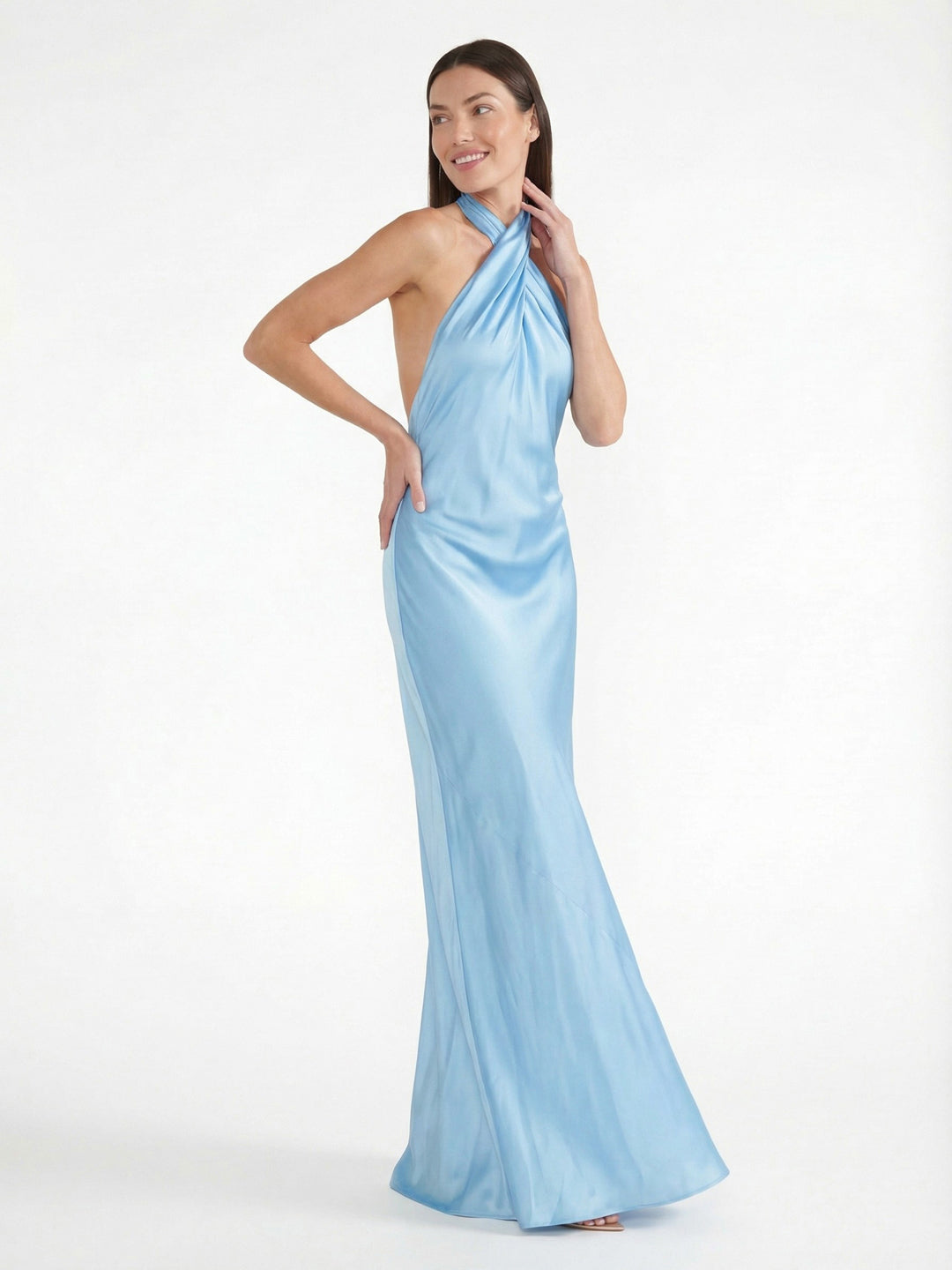 Sophisticated Cross-Back Halter Satin Maxi Dress
