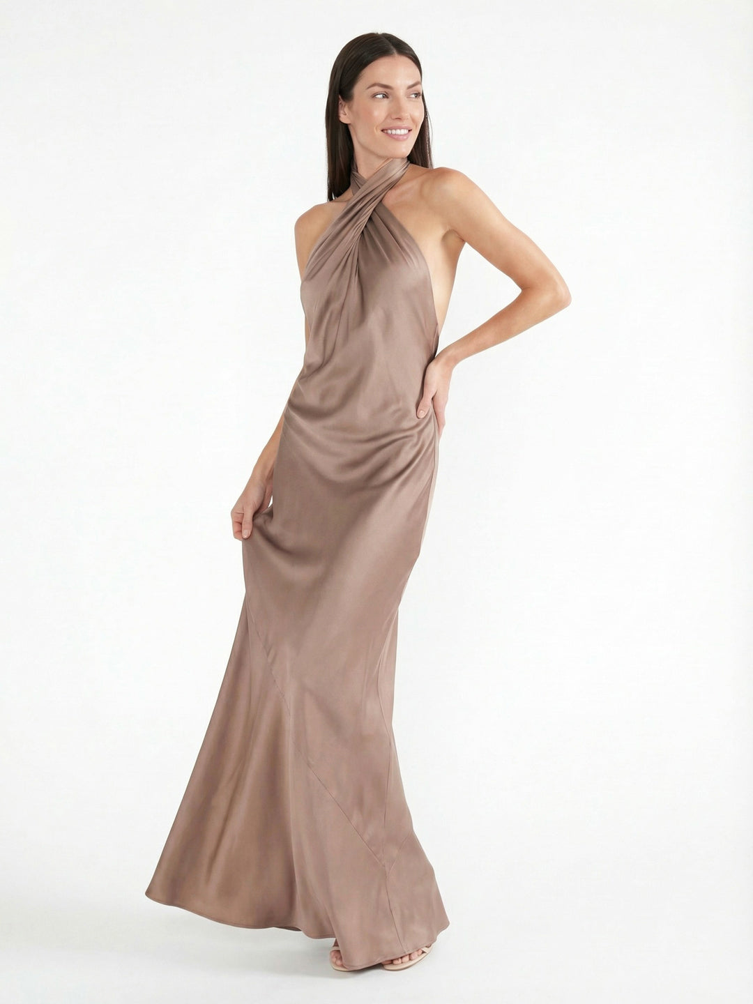 Sophisticated Cross-Back Halter Satin Maxi Dress