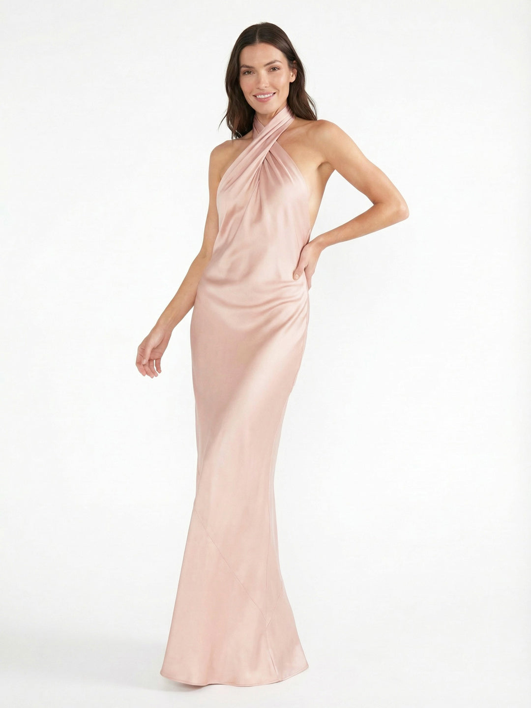 Sophisticated Cross-Back Halter Satin Maxi Dress