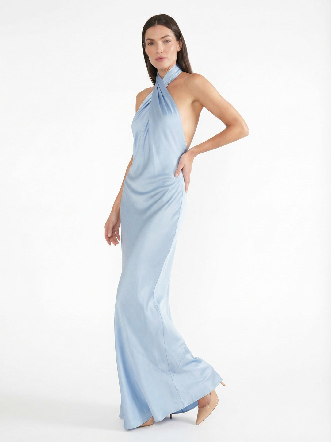 Sophisticated Cross-Back Halter Satin Maxi Dress