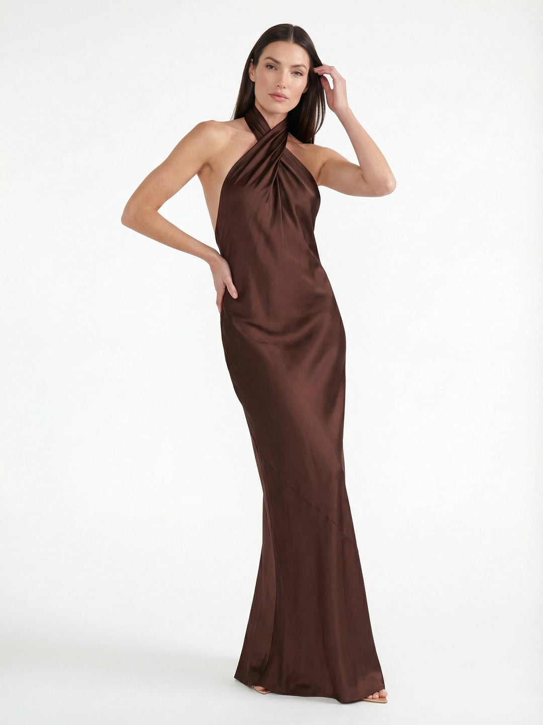 Sophisticated Cross-Back Halter Satin Maxi Dress