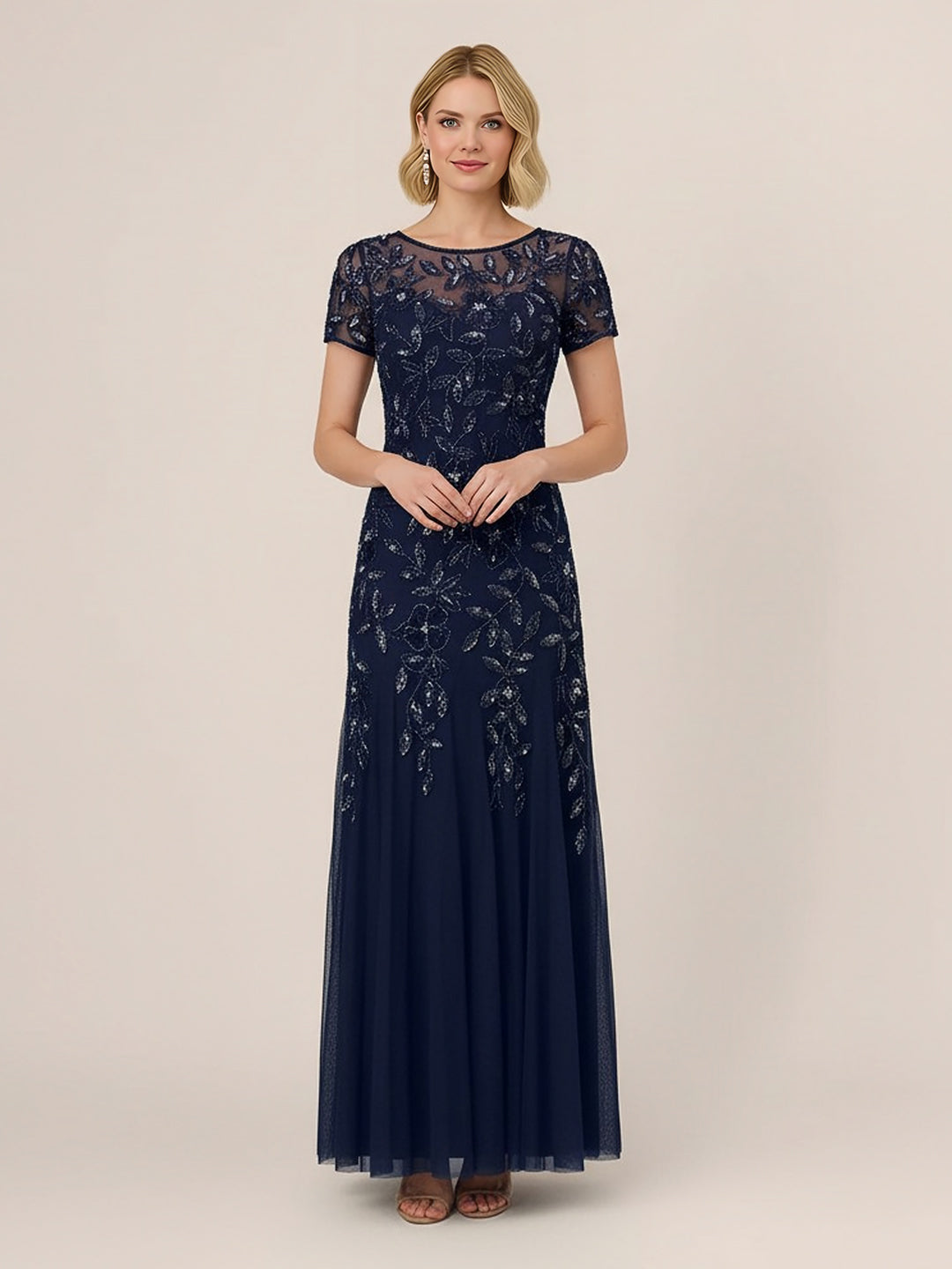 Sophisticated Hand-Beaded Floral Godet Gown