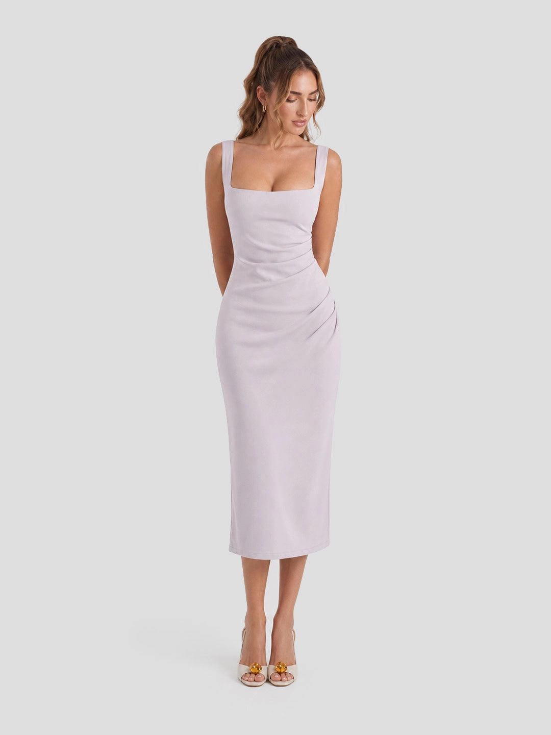 Square Neck Ruched Bodycon Midi Dress