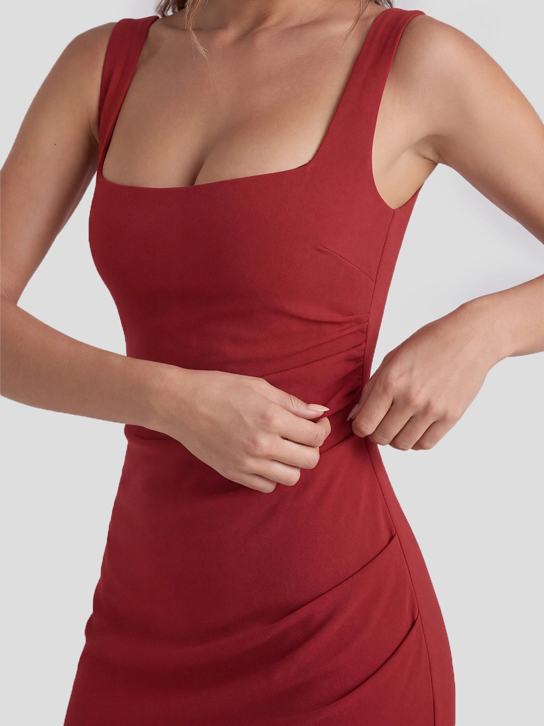 Square Neck Ruched Bodycon Midi Dress