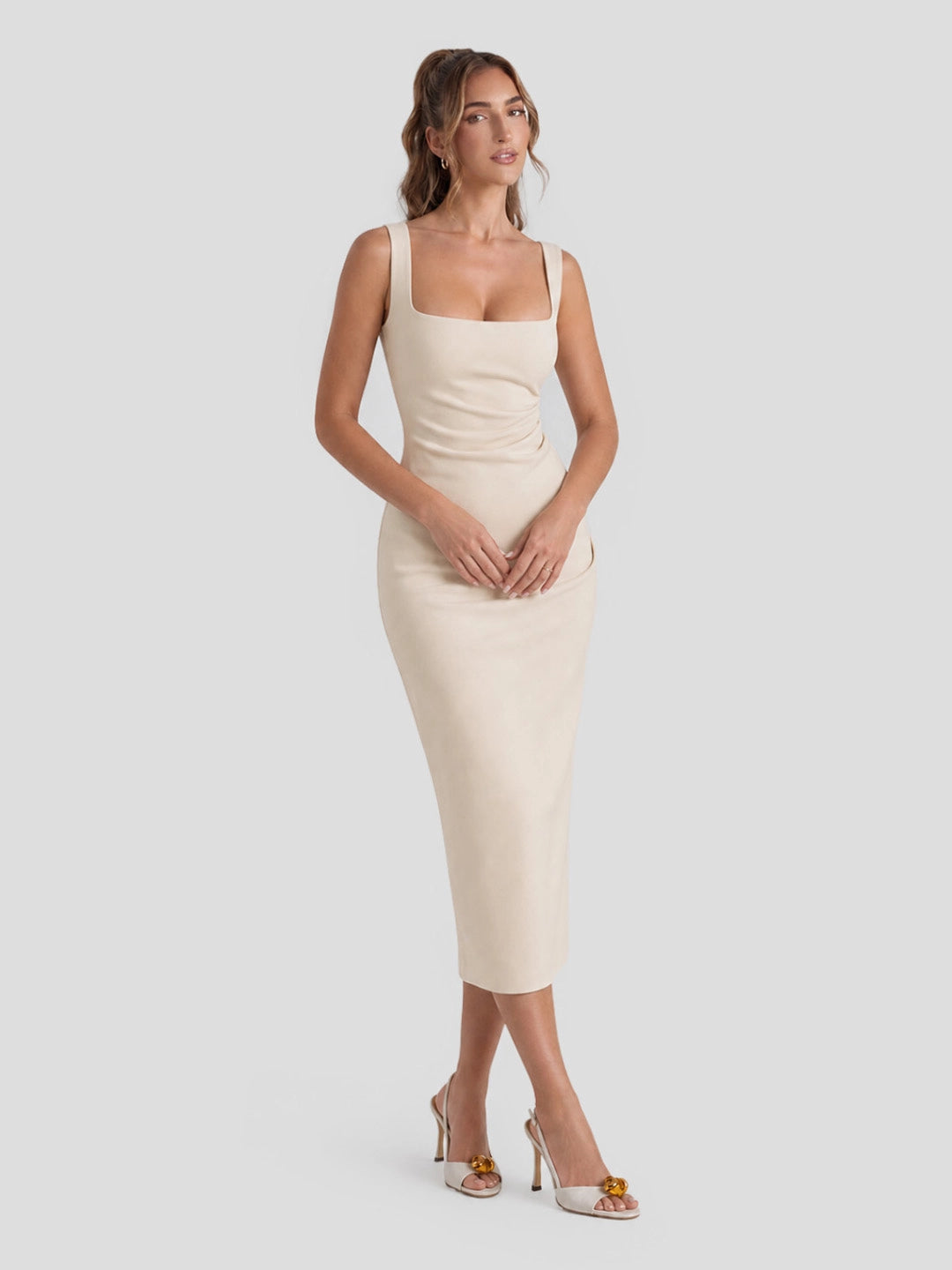 Square Neck Ruched Bodycon Midi Dress