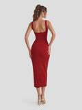 Square Neck Ruched Bodycon Midi Dress