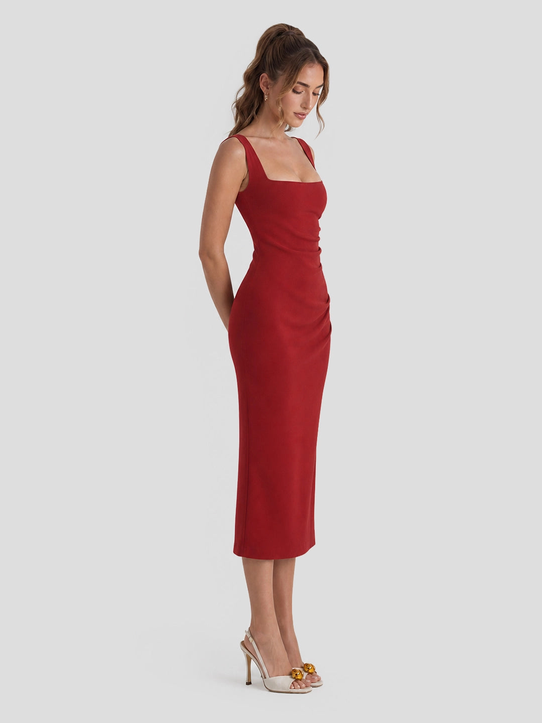 Square Neck Ruched Bodycon Midi Dress