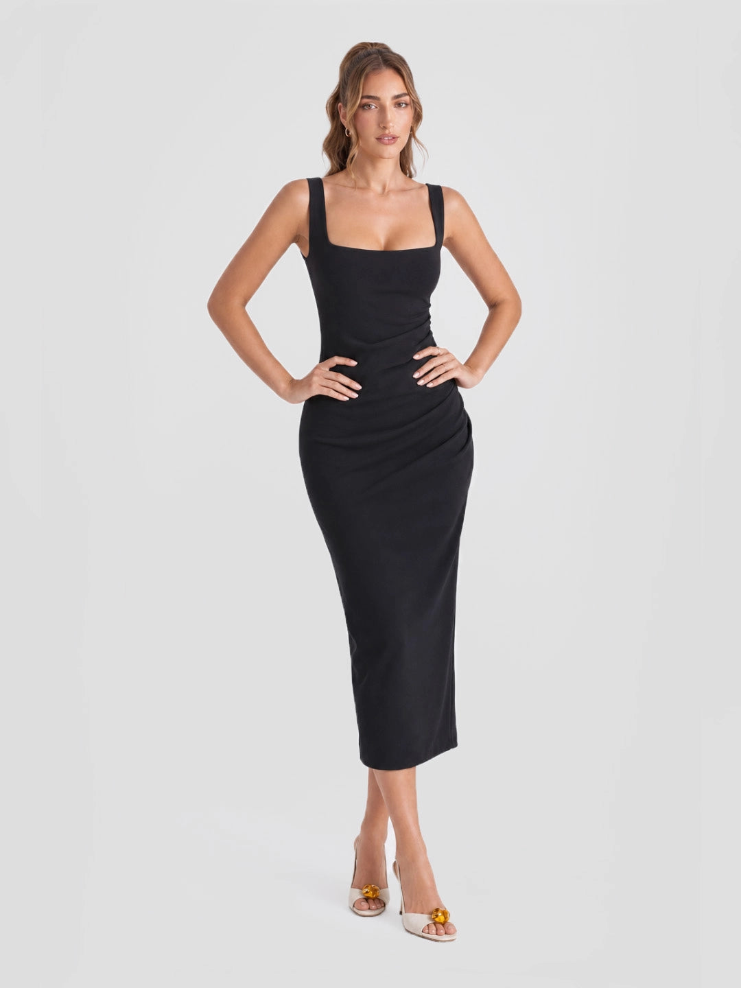 Square Neck Ruched Bodycon Midi Dress