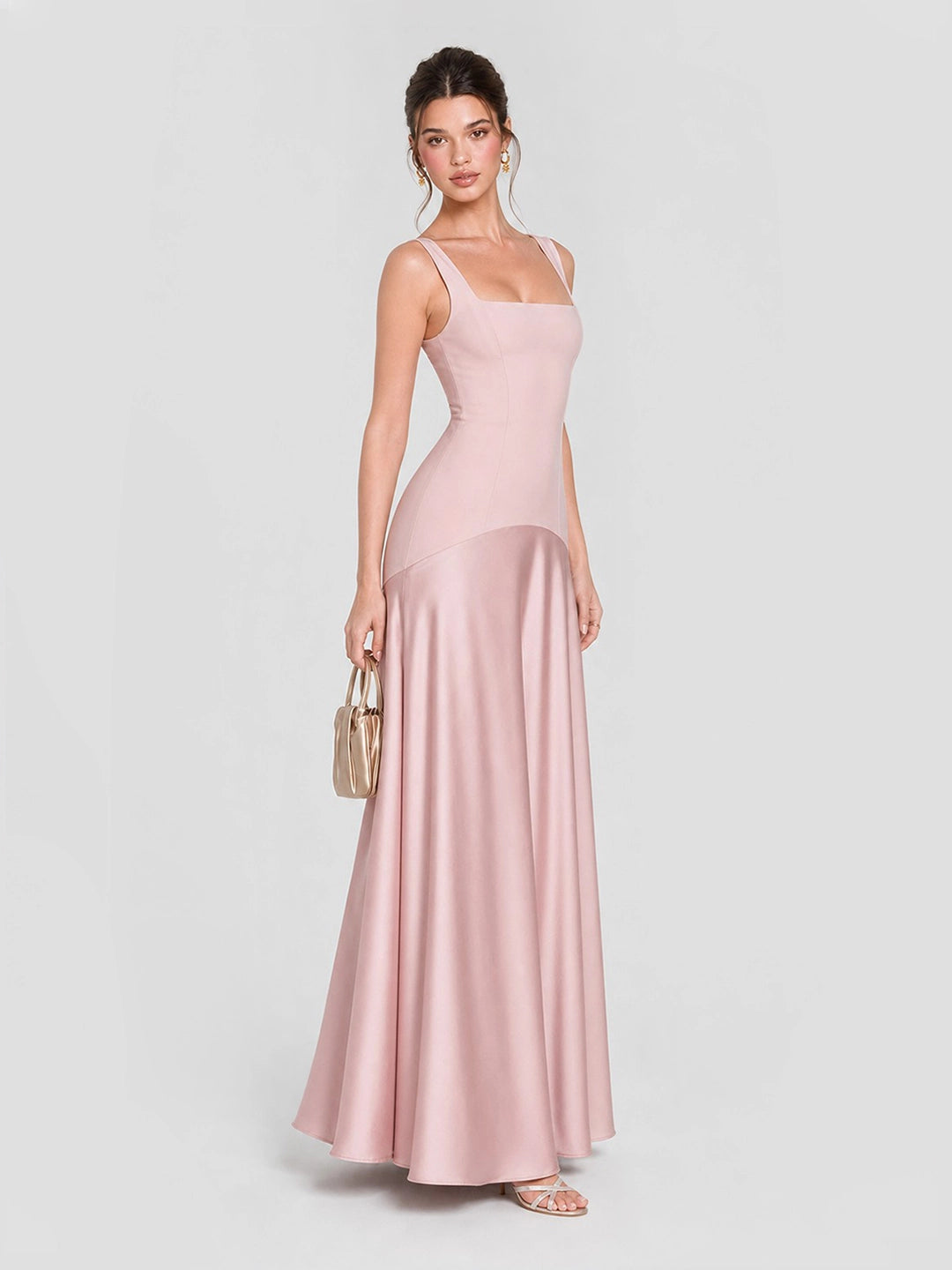 Square Neck Satin Patchwork Maxi Dress