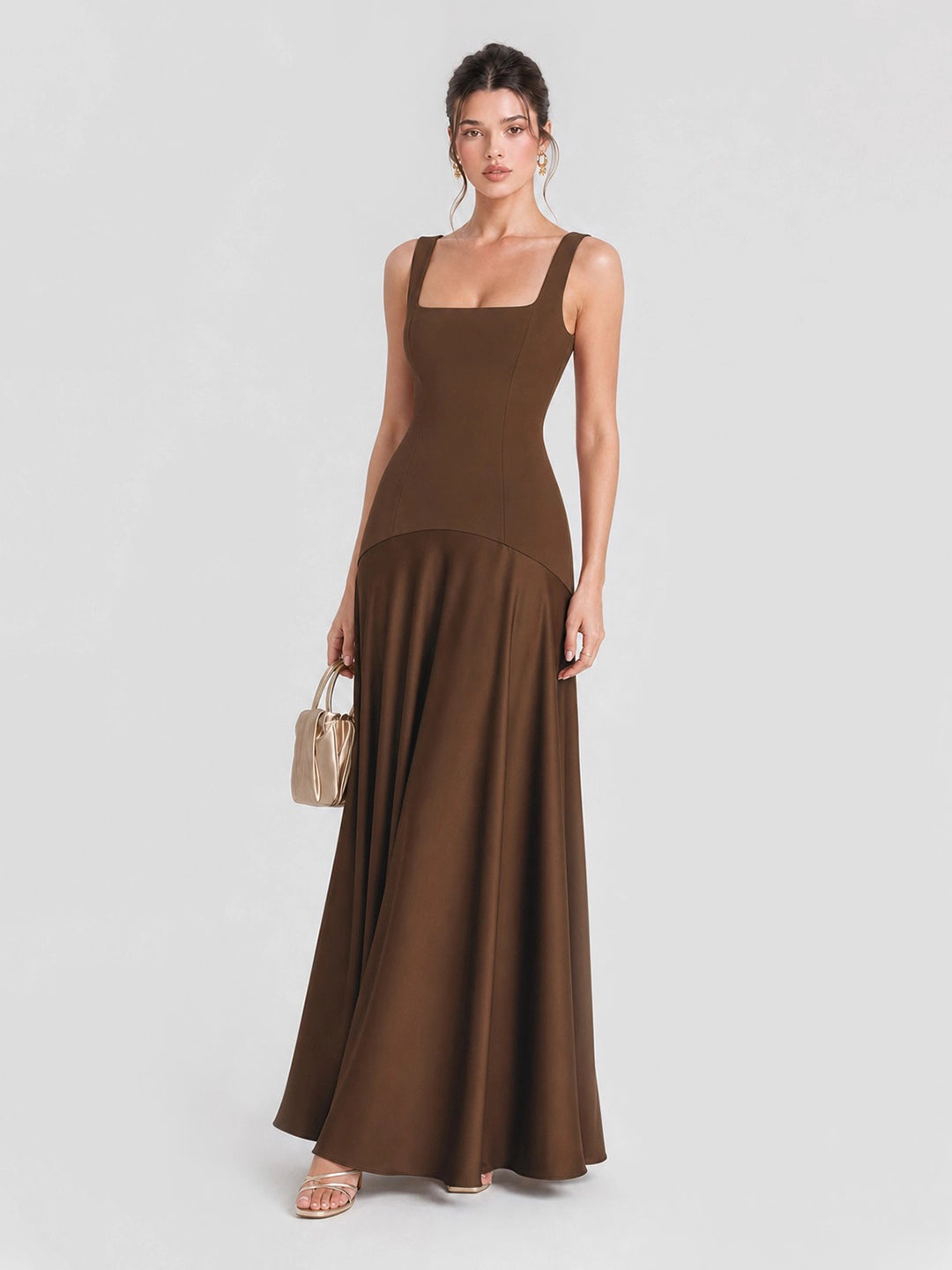 Square Neck Satin Patchwork Maxi Dress