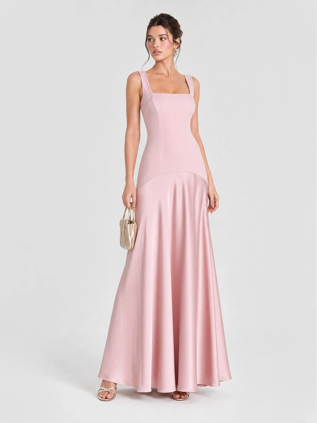 Square Neck Satin Patchwork Maxi Dress