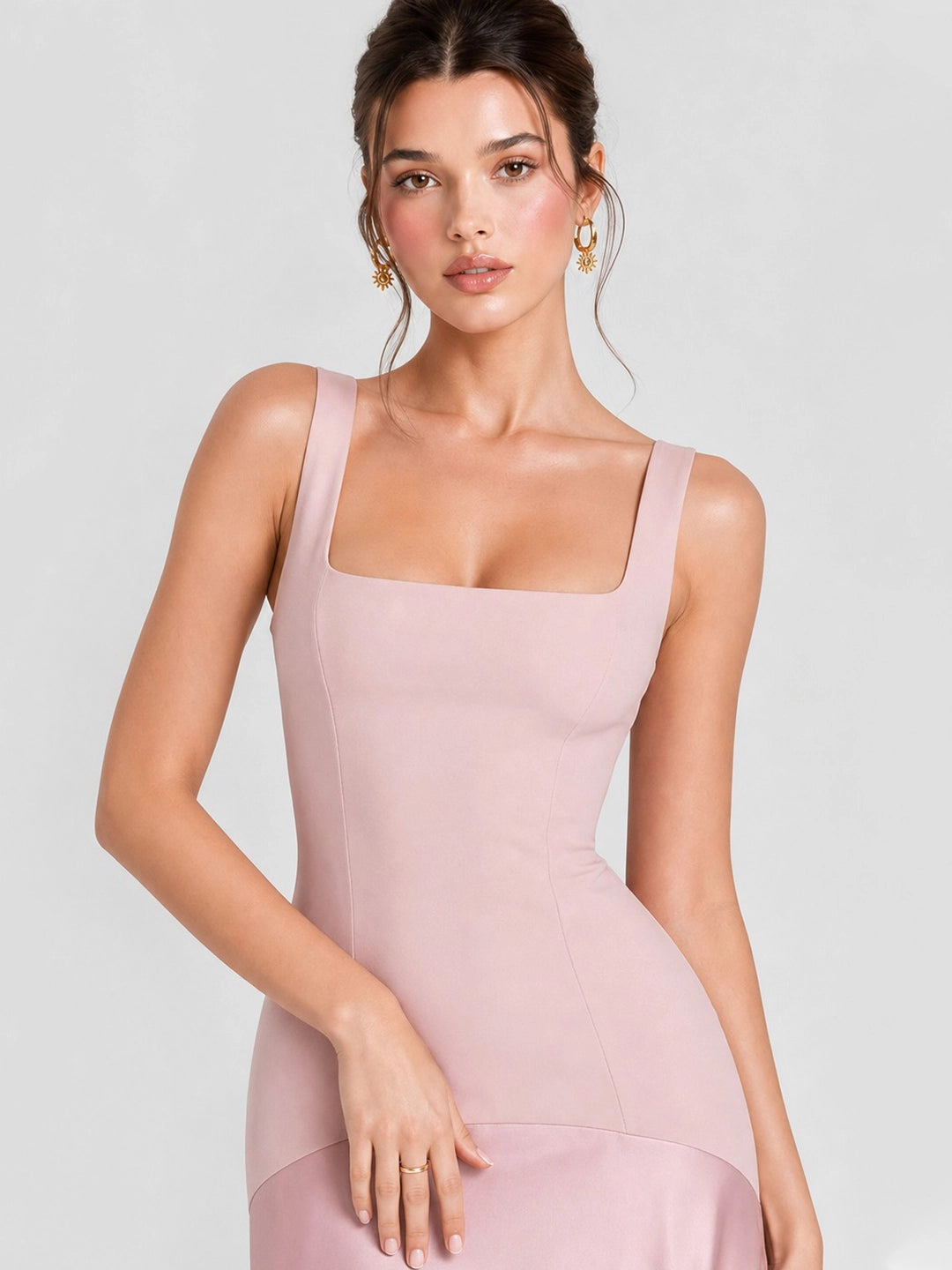 Square Neck Satin Patchwork Maxi Dress