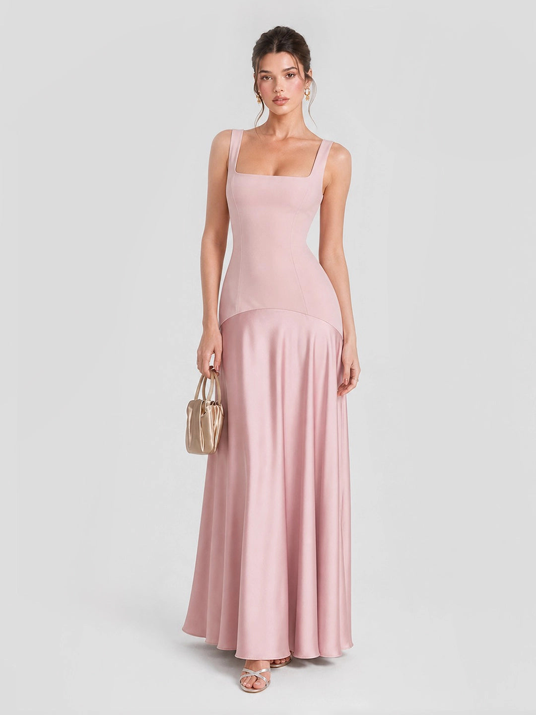 Square Neck Satin Patchwork Maxi Dress
